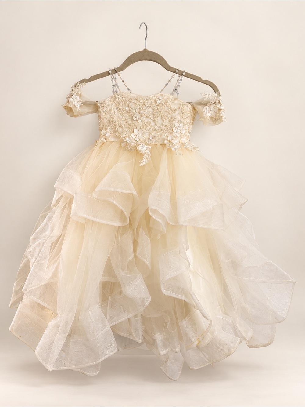 Girls Size 3T Ivory Champagne Lace Ruffle Formal Party Flower Girl Dress